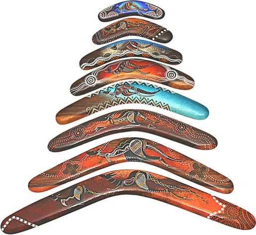 Nine painted boomerangs with Aboriginal designs arranged in a vertical row.