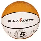 An orange and white basketball labeled Black Storm and marked with a size 5 logo.