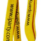 A yellow lanyard with a metal clip and black text reading www.iparty.com.au.