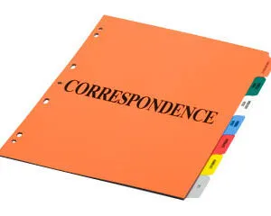 Orange correspondence folder with labeled tabs and three punched holes on the side.