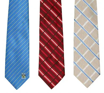 Three patterned neckties: blue with stripes, red plaid, and beige with blue stripes.