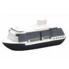 A small, toy cruise ship with white, black, and gray colors on a plain background.
