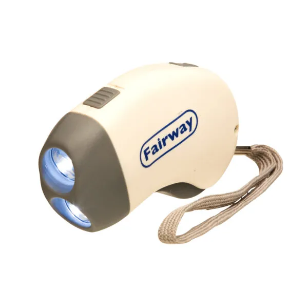 Small handheld flashlight with a wrist strap and Fairway logo on the side.