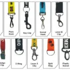 12 types of lanyard attachments, including clips, hooks, rings, and swivels, labeled with names.