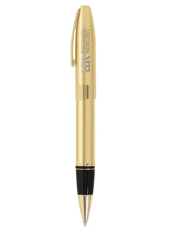 Gold ballpoint pen with a black tip and a clip, engraved with Richard Remort.