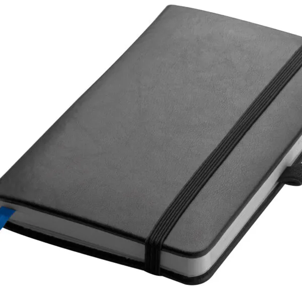 Closed black notebook with an elastic band and a blue ribbon bookmark.