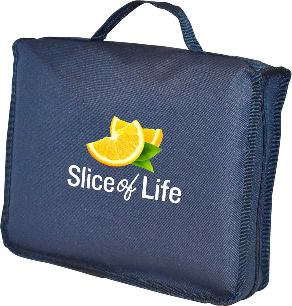 A blue fabric bag with a handle, featuring a logo of orange slices and the text Slice of Life printed on the front.