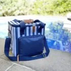 A striped cooler bag with a blue handle sits on a stone surface by a pool. The bag features a front pocket and leather zipper pulls, with lush greenery and water reflections in the background.