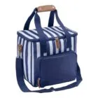 A blue and white striped cooler bag with a brown handle and long shoulder strap. It features a large front pocket and a water bottle attached to the side.