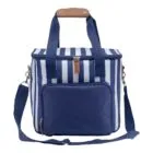 A blue and white striped cooler bag with a front zippered pocket, adjustable shoulder strap, and tan grip on the handles. The bag is made of soft-sided material and has an insulated interior.
