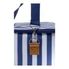 Close-up of a blue-and-white striped bag with a zipper and a metal ring attached to a brown leather tab. The focus is on the bags handle and closure mechanism.