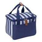 A blue and white striped insulated cooler bag with a front pocket, navy blue handles, and a zipper closure with a brown tab.