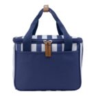 A blue and white striped insulated lunch bag with blue handles, a front pocket, and a zipper with brown accents, shown against a plain white background.