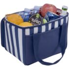 A blue and white striped insulated lunch bag filled with various items, including bottled water, an apple, oranges, cans, and a protein yogurt container. The bag has a handle for easy carrying.