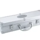 A silver metallic carrying case with a handle and secure latches. The surface is ribbed, and theres an oval logo on the top.