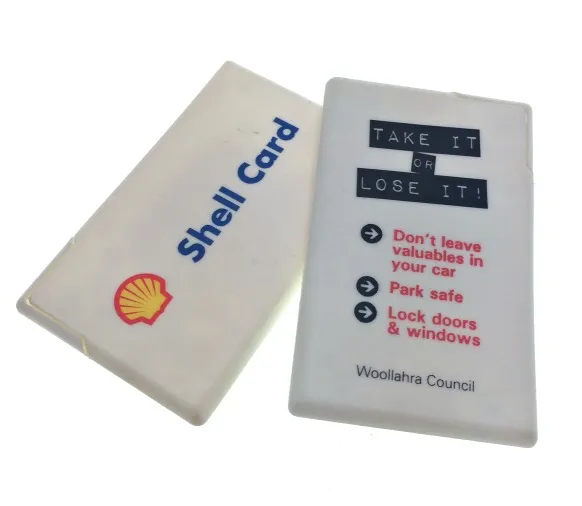 Two plastic cards: one with Shell Card logo, one with car safety tips from Woollahra Council.