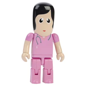 Toy figure with black hair, wearing a pink medical outfit and a stethoscope around neck.