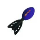 A blue foam rocket toy with black fins and SINGULAIR written in orange.