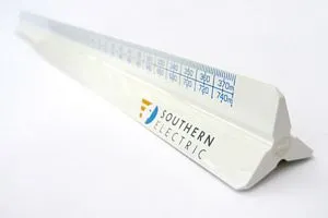 White triangular scale ruler with blue markings and Southern Electric logo on the side.