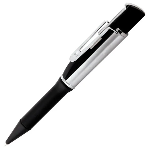 A black and silver pen with a pocket clip, shown on a white background.