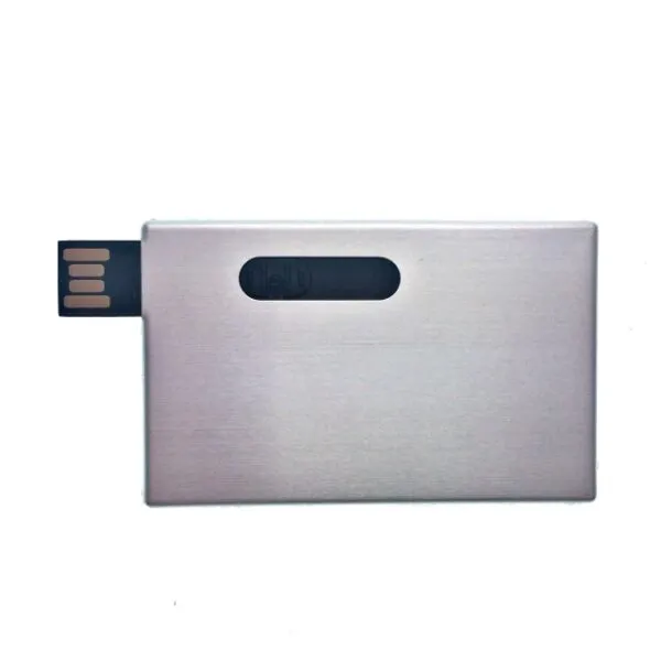 A slim, rectangular USB flash drive with a sliding connector, silver in color.