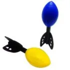 Two foam rocket toys, one blue and one yellow, each with black tail fins.