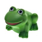 A green toy frog with big eyes and a smiling mouth on a white background.