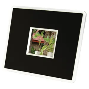 Black photo frame with a small central picture of a plant and a house with a red roof.