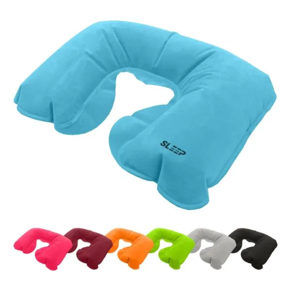 Six colorful inflatable neck pillows, with one large blue pillow above five smaller ones in a row.