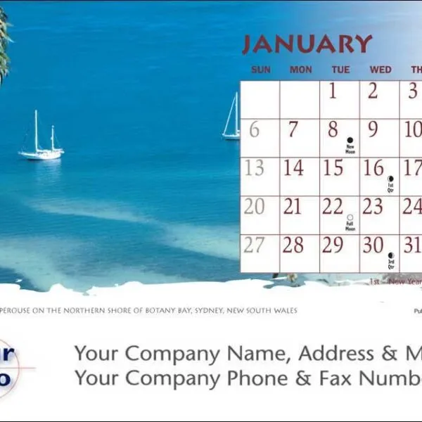 Two sailboats on blue water beside a January 2008 calendar with company info space below.