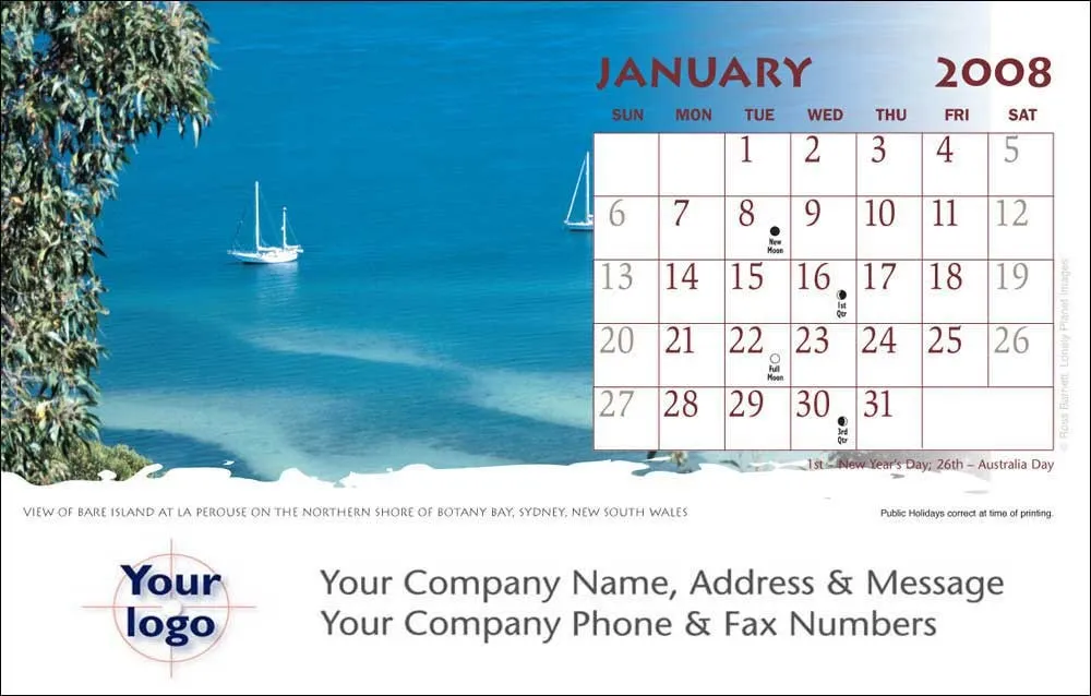 e0c3f97315a6aac8ec53998bc0f35215_1 Two sailboats on blue water beside a January 2008 calendar with company info space below.