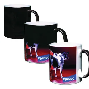 Three color-changing mugs revealing a cow and Elanco logo as they heat up.