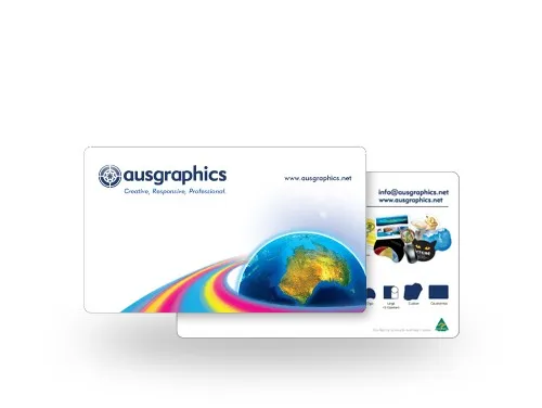 Two business cards with colorful graphics and the ausgraphics logo, globe, and contact details.