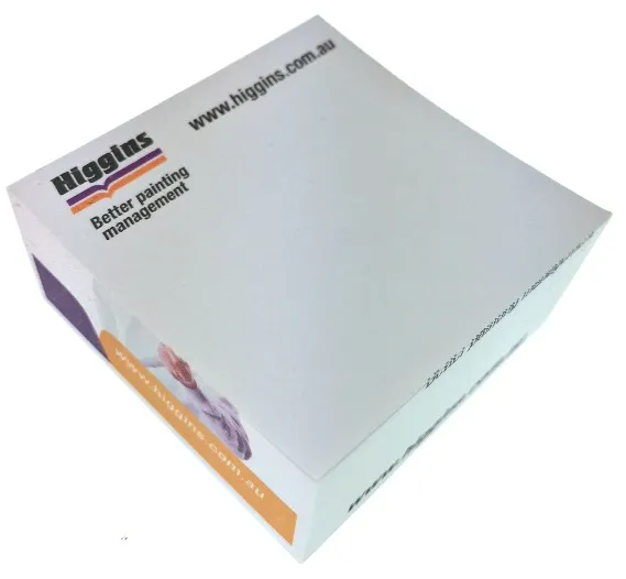 Block of sticky notes with Higgins Better Painting management and website printed on top.