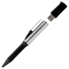 A black and silver pen with a removable cap revealing a hidden USB flash drive.