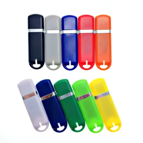 Eight colorful USB flash drives arranged in two rows on a white background.