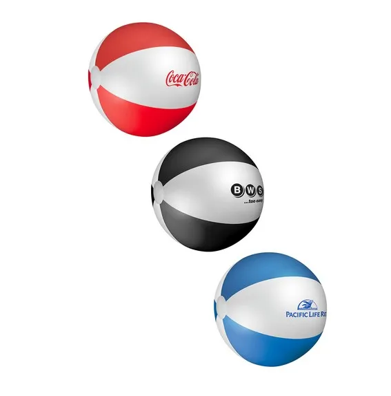 Three beach balls in red, black, and blue with different company logos on white panels.