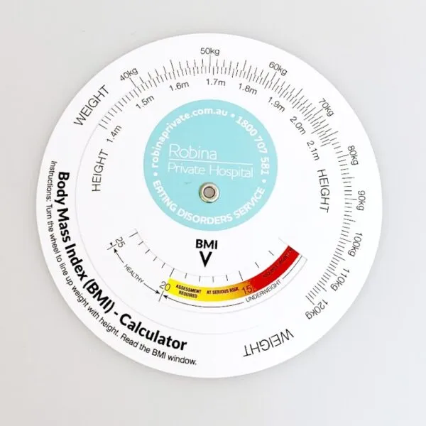 A circular BMI calculator with weight and height scales and a colored BMI range indicator.