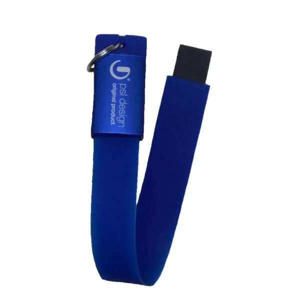 A blue USB flash drive with a looped, flexible band and a small metal ring.
