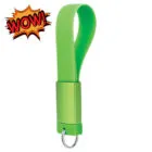 Green loop keychain with a metal ring and WOW! comic graphic in the top left corner.