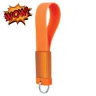 Orange silicone keychain with a metal ring and a WOW! comic-style graphic in the corner.