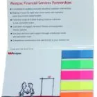 Open booklet with Westpac logo, sticky notes, and colorful page flags on the right side.