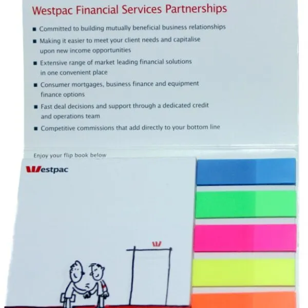 Sticky note pad with Westpac branding and colorful page markers on the right side.