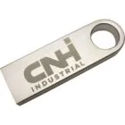 A metallic USB flash drive with the logo CNH INDUSTRIAL engraved on its surface. The drive has a circular loop at one end. The design is sleek and minimalist.