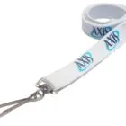 White lanyard with blue AXD logo, metal hook clip at the end, coiled on surface.
