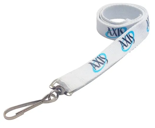 White lanyard with blue AXD logo, metal hook clip at the end, coiled on surface.