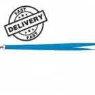Blue lanyard with metal clip and a Fast Delivery stamp in black above it.