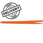 Orange lanyard with metal clip and a Fast Delivery stamp in black above it.