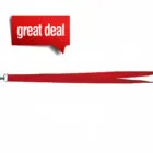 Red lanyard with metal clip and great deal sign in the top left corner.