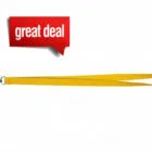Yellow lanyard with metal clip and a great deal sign in the top left corner.